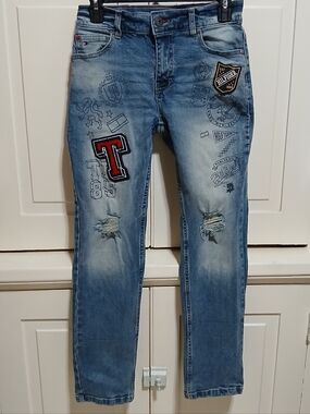 Tommy Hilfiger Boys Jeans Size 12 Yrs Distressed Patches Blue Denim Slim Pants